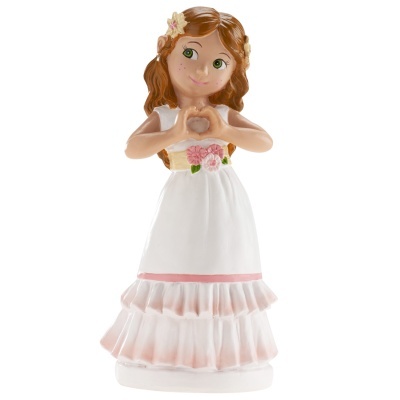 Estatueta de menina com vestido branco e detalhes cor-de-rosa e cabelo castanho claro
