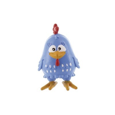 Figura de galinha azul em plástico com olhos grandes e pés amarelos