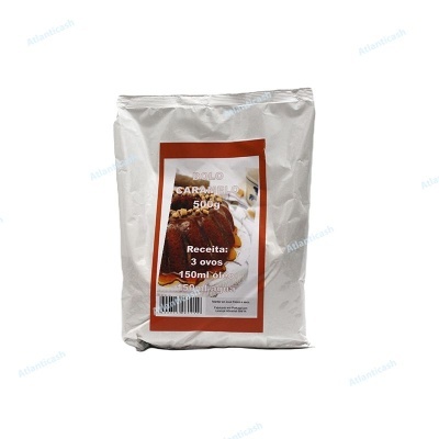 Pacote de preparado de caramelo 500g com receita na etiqueta