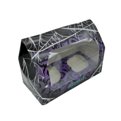 caixa de embalagem preta e roxa para bolos com padrões de Halloween e janela transparente