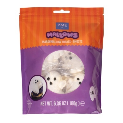 Pacote de guloseimas marshmallow em forma de fantasmas com embalagem laranja e roxa