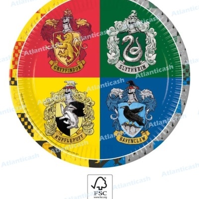 Prato redondo com símbolos das casas de Hogwarts em quatro cores