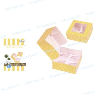 Caixas amarelas com bolinhas brancas e interior rosa, com divisórias internas