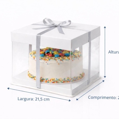 Bolo colorido em caixa transparente com tampa branca e fita cinza