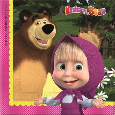 Imagem dos personagens animados Masha e o Urso num campo verde com flores brancas.