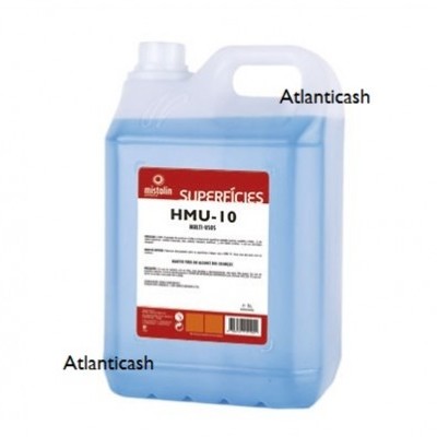 Recipiente plástico com líquido azul e rótulo SUPEREFÍCIES HMU-10