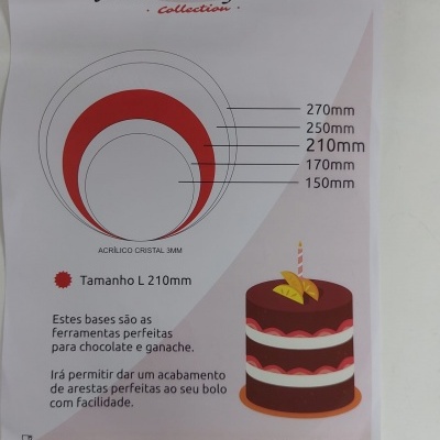 Folheto com ferramentas para acabamento de arestas de bolo em acrílico cristal