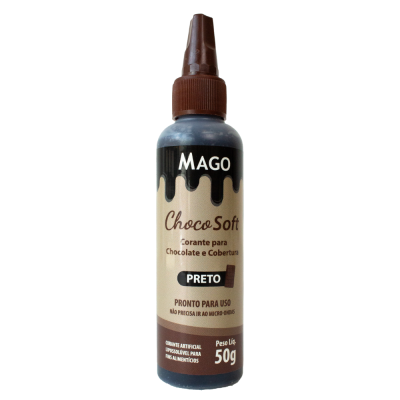 Frasco de corante para chocolate preto da marca MAGO com tampa de bico dosador