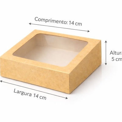 Caixa quadrada de cartão castanho com tampa transparente e dimensões indicadas