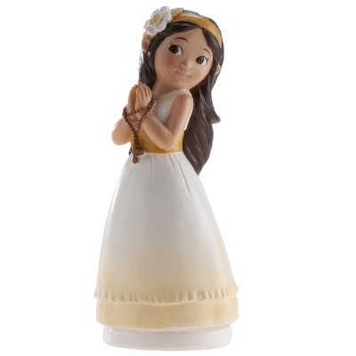 Figura decorativa menina vestido branco amarelo segurando rosário