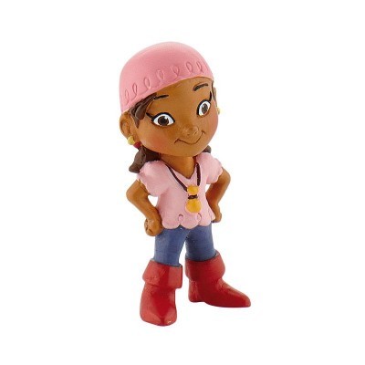 Figura de brinquedo infantil vestida com camisola rosa, calças azuis, botas vermelhas e lenço rosa na cabeça.