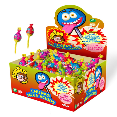 Caixa de chupas mega ácidos coloridos com embalagem e ilustrações divertidas