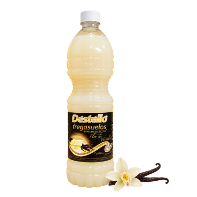 Frasco plástico com produto líquido amarelo e rótulo Destello fregasuelos Flor de Vainilla