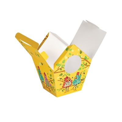 Caixa de papel amarelo aberta com ilustrações de pássaros e texto verde.