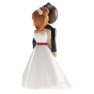 Figuras decorativas de noivos, noiva com vestido branco e noivo com fato preto, vistos de costas.