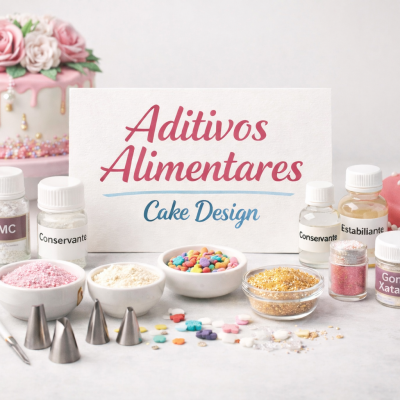Conjunto de aditivos alimentares para cake design com frascos, pós coloridos, confeitos, tubos para decoração e bolos decorados