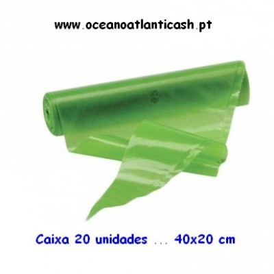 Rolo verde de sacos plásticos, 40x20 cm, caixa 20 unidades
