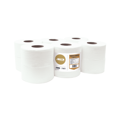 Sete rolos de papel higiénico branco com etiqueta