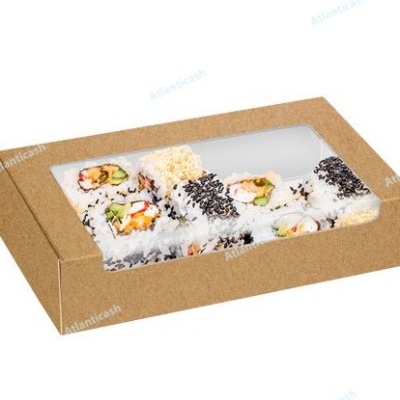 Caixa de sushi com tampa transparente exibindo várias peças de sushi