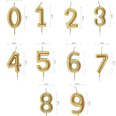 Velas douradas em forma de números de 0 a 9 com medidas indicadas.