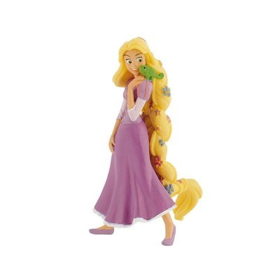 Figura de princesa com vestido roxo e cabelo longo loiro com flores, segurando um camaleão verde no ombro