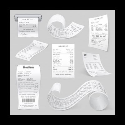 Recibos brancos de papel com texto preto em vários formatos e tamanhos