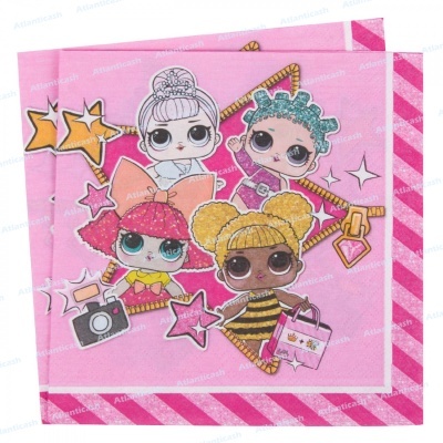 Guardanapo de papel rosa com desenhos de bonecas coloridas e acessórios