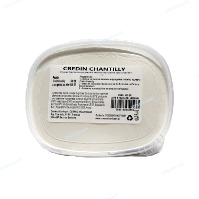 Embalagem plástica branca oval com etiqueta 'CREDIN CHANTILLY' e informações em português