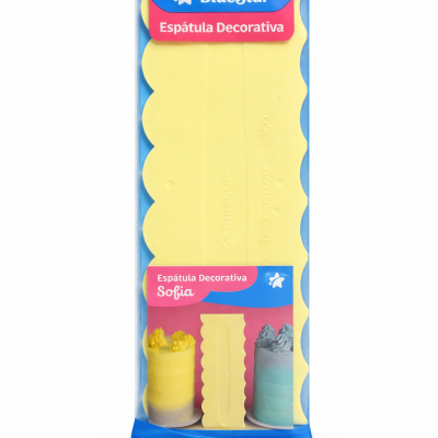 Espátula decorativa amarela BlueStar em embalagem plástica azul e rosa.