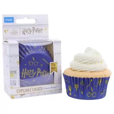 Conjunto de forminhas para cupcake Harry Potter azul com desenhos dourados e embalagem branca