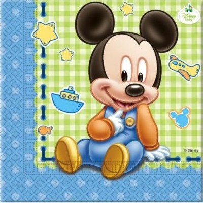 Desenho do Mickey Mouse bebé com fundo xadrez verde e branco, e borda azul com motivos infantis