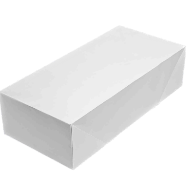 Caixa branca retangular fechada em fundo branco