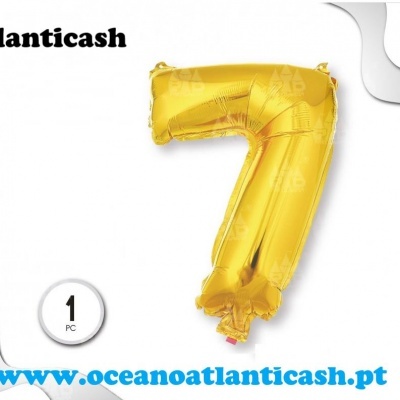 Balão dourado número 7 com logótipo e site