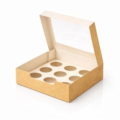 Caixa de cartão castanho claro com tampa transparente aberta para cupcakes