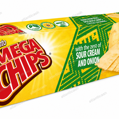 Embalagem de batatas fritas Mega Chips sabor creme azedo e cebola