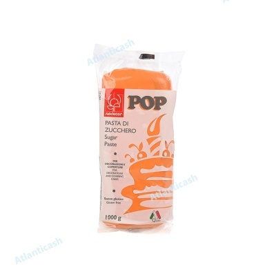 Pasta de açúcar laranja POP embalada em plástico transparente com rótulo branco e ilustração de bolo