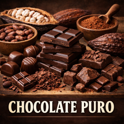 Barras e pedaços de chocolate puro com amêndoas de cacau e pó de cacau