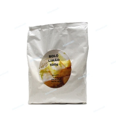 Pacote branco com rótulo redondo de bolo de limão 500g