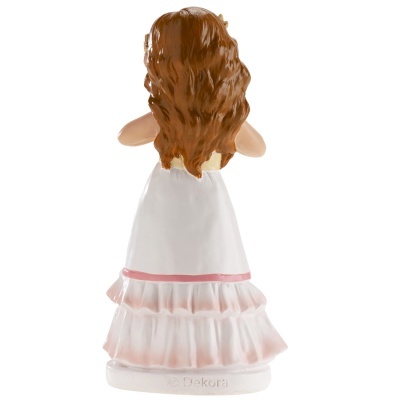 Figura decorativa feminina de costas com vestido branco e rosa e cabelo castanho ondulado.