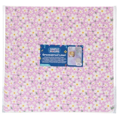 Papel vegetal com padrão floral em embalagem com etiqueta azul.