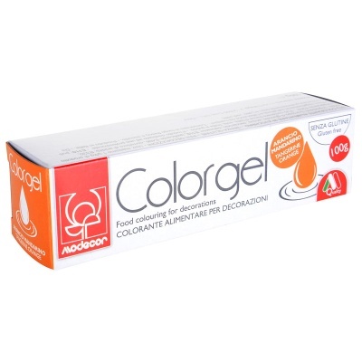 Tubo de gel corante alimentar Colorgel da Modecor em embalagem branca e laranja