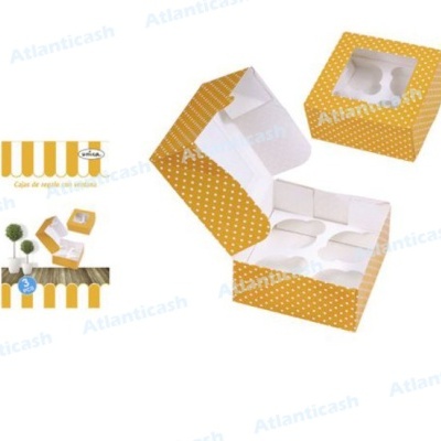 Caixa amarela de bolinhas brancas para 12 doces com tampa e janela transparente