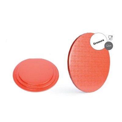 Dois discos redondos laranja, um deitado e outro em pé, com etiqueta Grossura 1.2cm