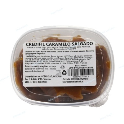 Embalagem de caramelo salgado CREDIFIL com rótulo branco informativo