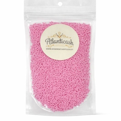 Pacote transparente com cilindros cor-de-rosa etiquetado ATLANTICASH