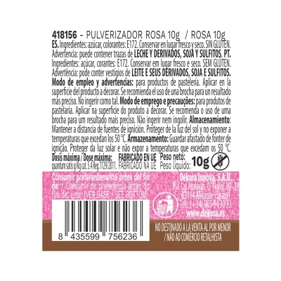 Rótulo de pulverizador rosa 10g com texto em português e espanhol, código de barras, e advertências