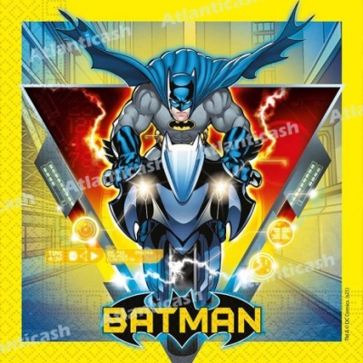 Ilustração do Batman com uma mota azul e preta e capa azul esvoaçante sobre fundo urbano colorido.