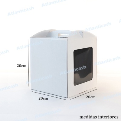 Caixa branca de cartão com janela transparente e alça