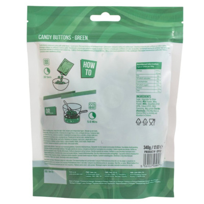 Embalagem verde de Candy Buttons - Green com informações nutricionais e instruções de uso