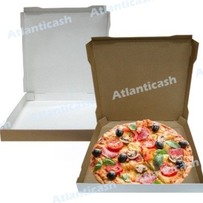 Duas caixas de pizza de papelão, uma com pizza decorada e outra vazia